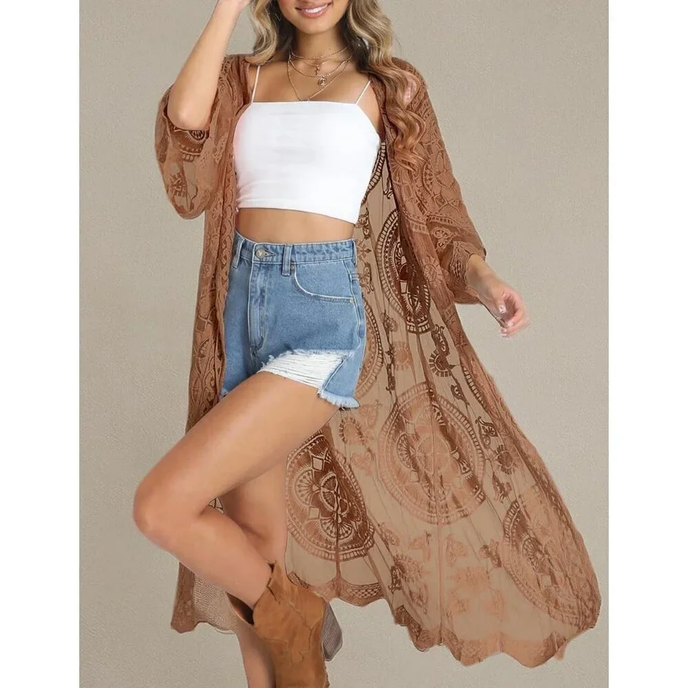 🆕Women Brown Mesh Open Front Cardigan Swimsuit Cover Up Beach Bathing Suit - Picture 6 of 6
